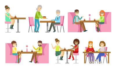People Sitting at Tables, Eating Desserts and Talking at Bakery Shop or Confectionery Vector Illustration
