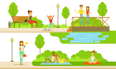 People Relaxing and Doing Sports in the Public Park at Summertime Vector Illustration