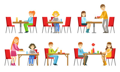 People Sitting at Tables and Eating Desserts at Bakery Shop or Confectionery Set Vector Illustration