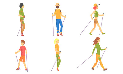 Fototapeta na wymiar Men and Women Practicing Nordic Walking Set, Healthy Lifestyle, Sport Activities Vector Illustration