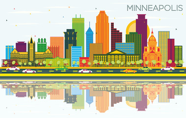 Minneapolis Minnesota USA City Skyline with Color Buildings, Blue Sky and Reflections.