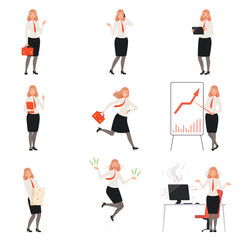 Businesswomen characters, people in business suits in different situations vector illustration