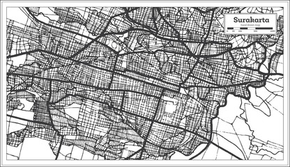 Surakarta Indonesia City Map in Black and White Color. Outline Map.