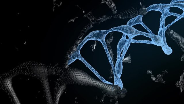 3D animation of blue DNA strand. Rupture of the black dna membrane. Formation of DNA. Helical structure of dna strand close-up.