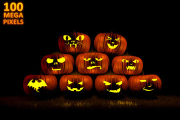 halloween concept or background - pile of 9 different carved pumpkins with fire light inside - huge resolution 3D illustration of objects