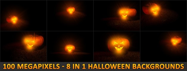 8 high resolution backgrounds for Halloween with carved pumpkin - scary clown with fire light inside, 100 megapixels 3D illustration of object