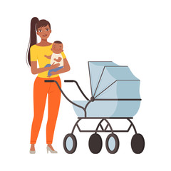 Mum and baby with pram character Illustration Vector