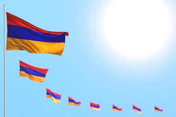 cute memorial day flag 3d illustration. - many Armenia flags placed diagonal with soft focus and empty space for text