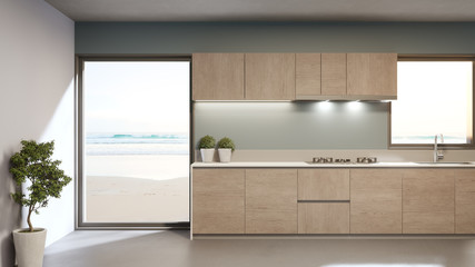 White clean counter and wooden cabinet of modern sea view kitchen in luxury beach house. Home interior decoration 3d rendering.