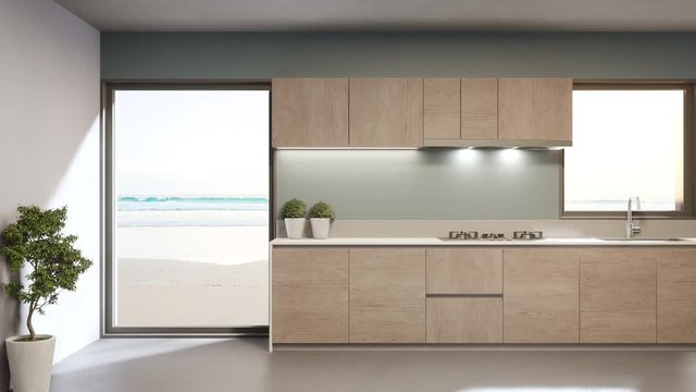 White clean counter and wooden cabinet of modern sea view kitchen in luxury beach house. Home interior decoration 3d rendering.
