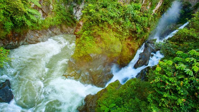 Looped panoramic view of waterfall Pailon del Diablo near city Banos de Agua Santa, Ecuador, South America