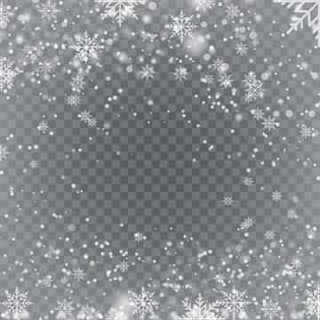 Christmas background Falling snowflakes on transparent. Vector