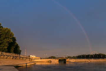 Evening rainbow over the Angara embankment in Irkutsk