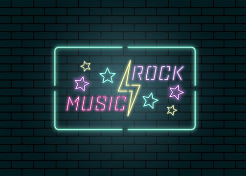 Color illustration neon sign rock music. Text lightning and stars on a brick background. Vector illustration on the theme of rock music