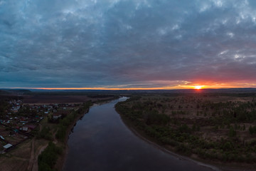 Top view of the sunset and the Irkut River