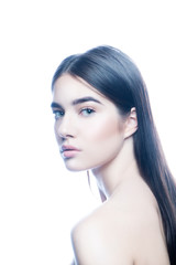 Naklejka premium Portrait of young elegant woman with nude natural makeup, healthy hair, perfect skin, isolated on white background. Skincare facial treatment concept