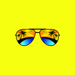 Sunglasses summer with palm beach sunrise. Vector illustration