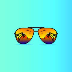 Sunglasses summer with palm beach sunrise. Vector illustration