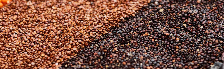 panoramic shot of black quinoa and roasted buchwheat