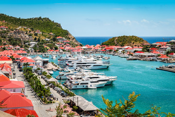 Fototapeta Gustavia, St Barts. Luxury yachts in harbor, West Indies, Caribbean. obraz