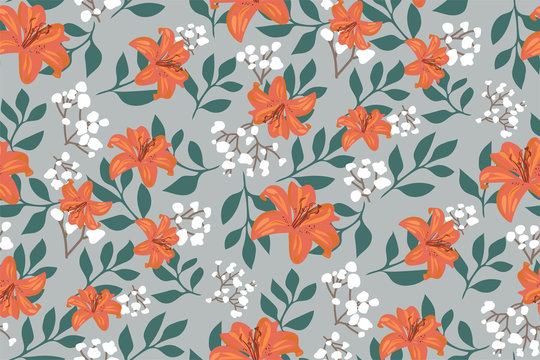 Elegant floral pattern with orange tiger Lily flowers and leaves on a light grey background. Vintage Botanical print. Beautiful vector Wallpaper, template for fabrics, posters, postcards, book covers.