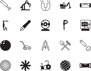 equipment vector icon set such as: fork, landscape, electronic, welder, appliance, robotic, team, s, measuring, landscaping, conditioning, cutter, brazing, immersion, mixing, one, objective, round