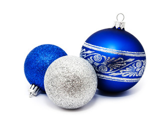 Christmas perfect decoration blue and silver balls isolated