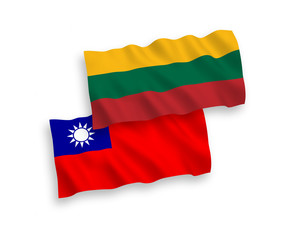 National vector fabric wave flags of Lithuania and Taiwan isolated on white background. 1 to 2 proportion.