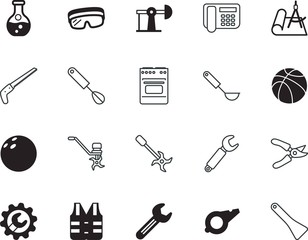 equipment vector icon set such as: football, mix, reflective, utensils, heat, hit, electronic, trimmer, tree, ppe, cell, whip, working, traffic, basketball, study, rubber, glasses, architecture