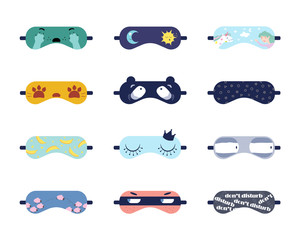 Sleeping masks with cute prints vector illustrations set