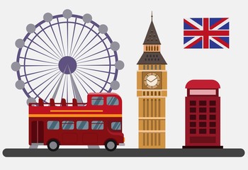 Fototapeta na wymiar Flat illustration with London Eye, red bus double decker, telephone box and other symbols of London, england, uk