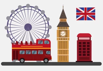 Foto op Canvas Flat illustration with London Eye, red bus double decker, telephone box and other symbols of London, england, uk © Simply Amazing