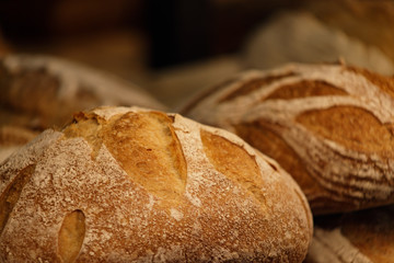 Fresh round rye bread with crispy crust. Close-up, selective focus.