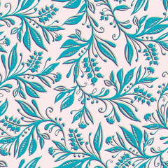 Floral seamless pattern with leaves and berries. Hand drawn and digitized. Background for title, image for blog, decoration. Design for wallpapers, textiles, fabrics.