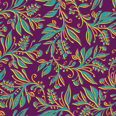 Floral seamless pattern with leaves and berries. Hand drawn and digitized. Background for title, image for blog, decoration. Design for wallpapers, textiles, fabrics.