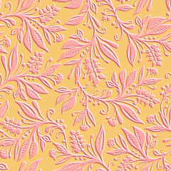 Floral seamless pattern with leaves and berries. Hand drawn and digitized. Background for title, image for blog, decoration. Design for wallpapers, textiles, fabrics.