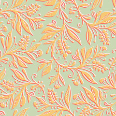 Fototapeta na wymiar Floral seamless pattern with leaves and berries. Hand drawn and digitized. Background for title, image for blog, decoration. Design for wallpapers, textiles, fabrics.
