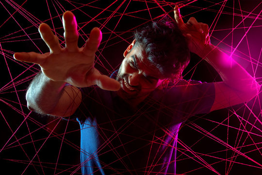  Man trying to escape from the state of inner turmoil	