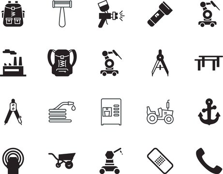 equipment vector icon set such as: wound, beverage, kitchen, vintage, cart, journey, holiday, athletic, face, extinguisher, secure, diagnostic, label, study, phone, fabrication, rucksack, shine