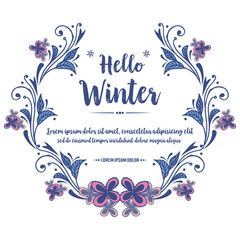 Vintage card hello winter with ornate of abstract pink wreath frame. Vector