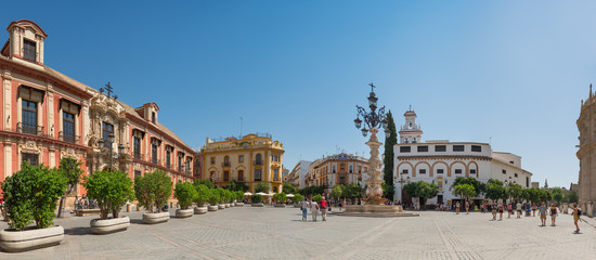 Fototapeta na wymiar View of Virgin of the Kings Square and the Archbishop's Palace, Agustin Monastery of the Incarnation, lantern fountain. Panorama.