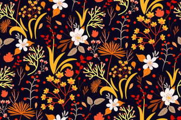 Colorful seamless floral pattern in warm (autumn) color palette. Forest plants collection - various flowers, berries, leaves. Template for postcards, fabrics, wrapping paper, creative design. Vector. - 294783705