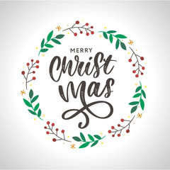 Christmas ornament wreath frame vector illustration set with red berries, green leaves, pine cone and cute Christmas ornaments.