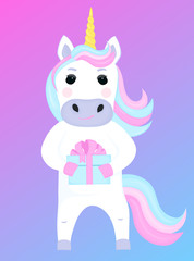 Funny unicorn holds a gift box. Cartoon character. Vector illustration