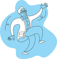  A solid man with a mustache dances merrily.