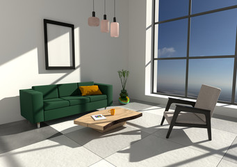 3d Rendering of modern interior with green sofa and a big window lit by sunlight. 