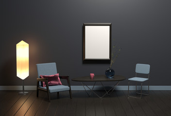 3d Rendering of modern interior, evening scene with lamp, chairs and empty picture frame.