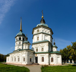 Fototapeta na wymiar Irkutsk, Russia - September 18, 2019: Irkutsk, Holy Trinity Church in the center of Irkutsk city, built in 1750 - 1778 years. One of the oldest orthodox churches in Irkutsk.