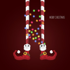 Christmas elf in cartoon style. Santa's helper in red shoes. Greeting card with funny legs. Fantasy character with garland