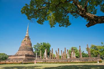 Ancient pagoda and old architecture in Sukhothai, Thailand. Public place